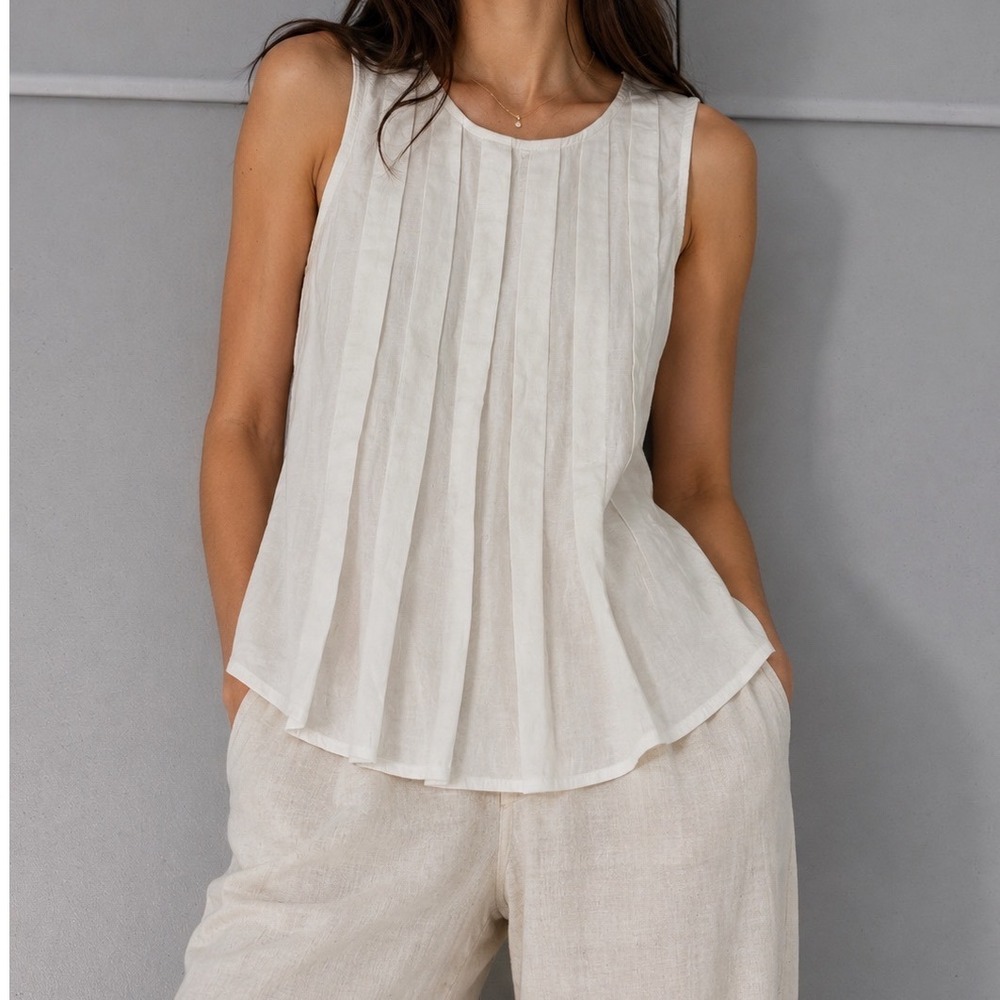 Blanque White Pleated Sleeveless Cotton Blend Round Neck Shell Top Large AA
